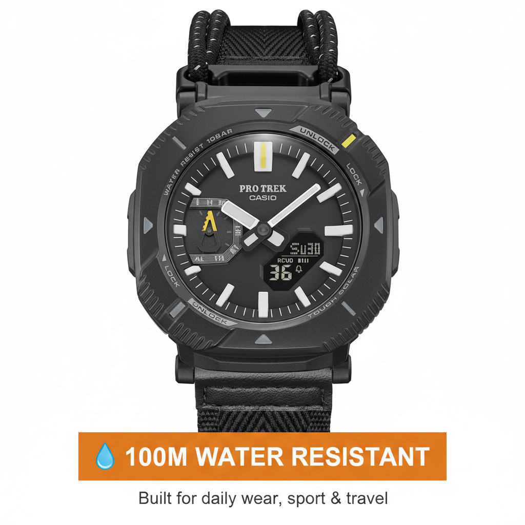 Casio PRJ-B001B-1 100M Water Resistant infographic